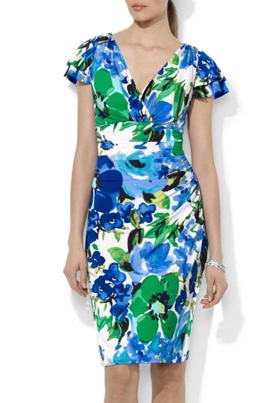 Lauren Ralph Lauren White Blue & Green Floral Surplice Sheath Dress 6 Petite 6P